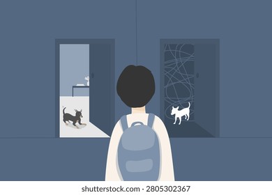 Person facing two doors after pet loss with one dog waiting and the other absent symbolizing grief memory and longing.	