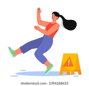Person fall concept. Woman in red tshirt and blue pants. Accident and unhappy character. Young girl slipped at water floor. Cartoon flat vector illustration isolated on white background