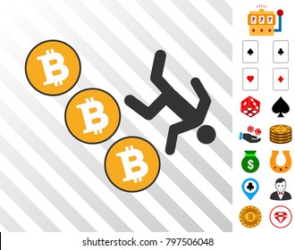 Person Fall Down Bitcoins icon with bonus gamble clip art. Vector illustration style is flat iconic symbols. Designed for gambling gui.