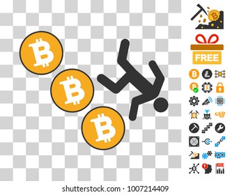 Person Fall Down Bitcoins pictograph with bonus bitcoin mining and blockchain images. Vector illustration style is flat iconic symbols. Designed for cryptocurrency software.