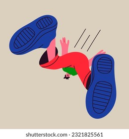 Person falling down from above. Bottom view, giant shoes. Flat style. Hand drawn Vector illustration. Fall down cartoon character. Bad luck, misfortune, failure concept. Isolated design element