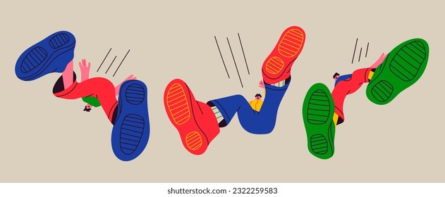 Person fällt von oben herab. Untere Ansicht, riesige Schuhe. Flacher Stil. Handgezeichnete Vektorgrafik. Herunter Cartoon-Figuren. Pech, Unglück, Misserfolg. Einzelne Design-Elemente