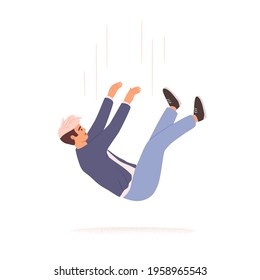 Person falling down from above. Fall of young man. Failure, fiasco, life crisis, tragedy, sudden problems and difficulties concept. Colored flat vector illustration isolated on white background