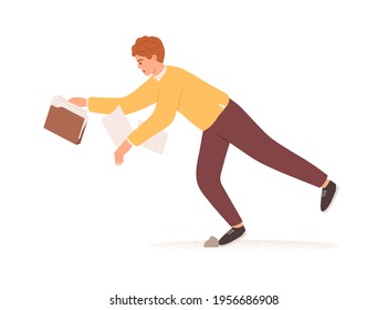 Person falling down. Fall of young man with business documents and papers. Career failure, fiasco, problem and bad luck concept. Colored flat vector illustration of people in trouble isolated on white