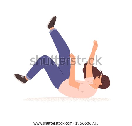 Person falling down. Fall of young woman. Business or career failure, fiasco, problem and bad luck concept. Colored flat vector illustration of people in trouble isolated on white background