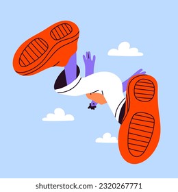 Person falling down from the sky. Bottom view, giant shoes. Flat style. Hand drawn Vector illustration. Fall down cartoon character. Bad luck, misfortune, failure concept. Isolated design element