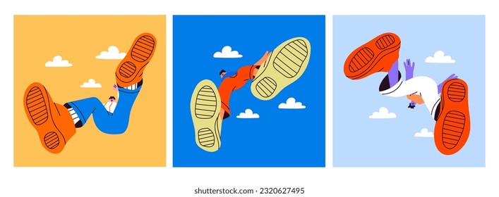 Person falling down from the sky. Bottom view, giant shoes. Flat style. Hand drawn Vector illustration. Fall down cartoon characters. Bad luck, misfortune, failure concept. Isolated design elements