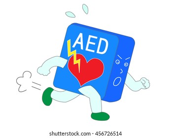 A person falls down, and AED(Automated External Defibrillator) runs at emergency measures.