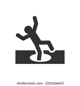 Person falls into a hole in the ground icon. Watch out, watch your feet, open sewer manhole. Monochrome black and white symbol