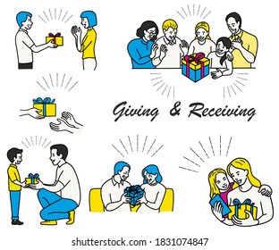 Person in family giving and receiving gift box and greeting card in occasion of Happy New Year eve. Outline, linear, thin line art, hand drawn sketch design, simple style.