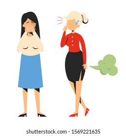 Person fart in front of the woman. Bad smell, woman in shame. Funny picture, humor illustration vector isolated. Couple standing. Shy character.