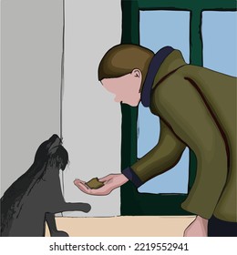 Person feeding a cat on the street vector cartoon illustration
