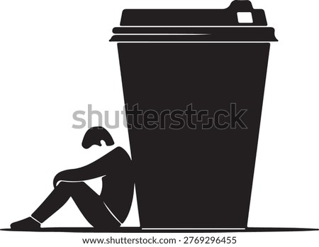 Person feeling exhausted sitting and leaning against a very large coffee cup symbolizing caffeine dependence or a much needed break exhausted caffeine dependence silhouette isolated beverage