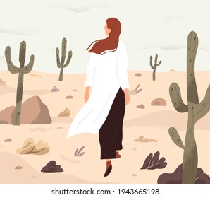 Person feeling lost and alone, wandering in desert. Concept of even boring monotonous life. Woman walking her path in loneliness. Colored flat vector illustration of finding and exploring yourself