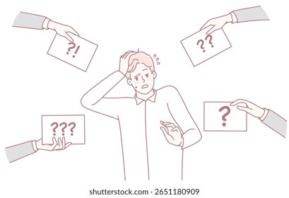 A person feels overwhelmed by many questions and opinions, highlighting the confusion in decisionmaking
