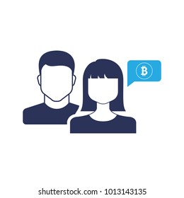 Person Female and Male Icon Team Work Symbol with Bitcoin Sign. Business Man and Business Woman Graphic