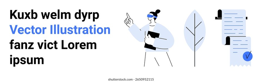 A person with a file folder gestures confidently. Next to them are a decorative leaf and checklists. Ideal for business presentations, training materials, corporate website, educational content