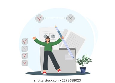 Person filing in control list, checklist with positive or negative marks, to do list or agreement, education concept, filling questionary concept, flat vector illustration