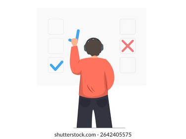 Lista de controle de preenchimento de pessoa, questionários, lista de verificação com marcas positivas ou negativas, lista de tarefas ou acordo, conceito de educação, conceito de preenchimento de questionário, ilustração de vetor plana