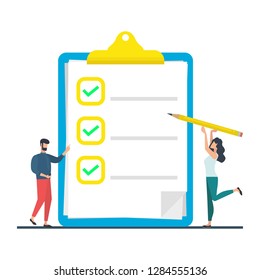 Person filling form checklist choice, survey or exam. Clipboard with checklist and checkmarks. Vector illustration.