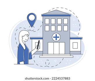 Person finding hospital. Young girl with smartphone came to building with large cross. Patient goes to doctor. Navigation and geolocation, GPS. Poster or banner. Cartoon flat vector illustration