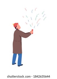 Person with firecracker flat color vector faceless character. Confetti for festive holiday celebration. Merry Christmas isolated cartoon illustration for web graphic design and animation