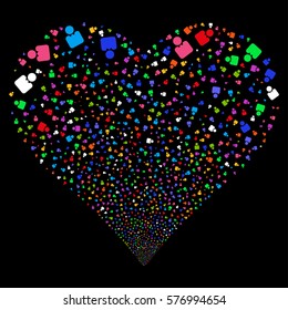 Person fireworks with heart shape. Vector illustration style is flat bright multicolored iconic symbols on a black background. Object love heart done from confetti design elements.