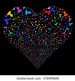 Person fireworks with heart shape. Vector illustration style is flat bright multicolored iconic symbols on a black background. Object valentine heart constructed from random icons.