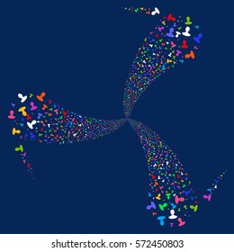 Person fireworks swirl rotation. Vector illustration style is flat bright multicolored iconic symbols on a blue background. Object whirl organized from random symbols.