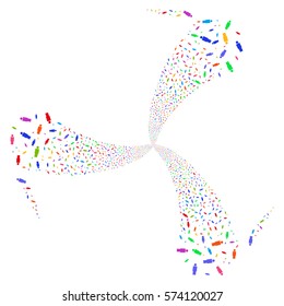 Person fireworks swirl rotation. Vector illustration style is flat bright multicolored iconic symbols on a white background. Object whirl created from random design elements.