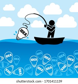 A Person Fishing Holding His Rod While on the Boat who Caught and Bright Incandescent Bulb out of the Sea of Ideas Representing a Eureka Moment while Brainstorming