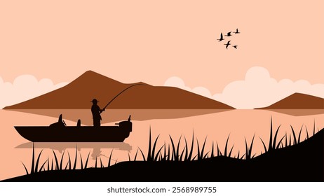 A person fishing in the lake with boat. Vector illustration of fisherman with fishing boat in the mountain lake. Fishing hobby for leisure holiday with serene lake and calm environment landscape