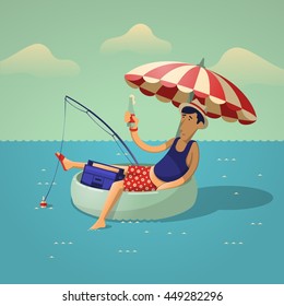 person fishing on the sea, vector illustration