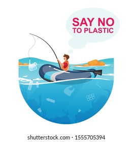 Person fishing in sea full of plastic garbage flat concept icon. Ocean pollution. Fisherman with plastic package on rod sticker, clipart. Isolated cartoon illustration on white background