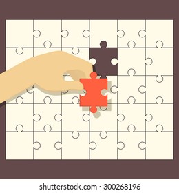 Person fitting the last puzzle piece - concept vector illustration