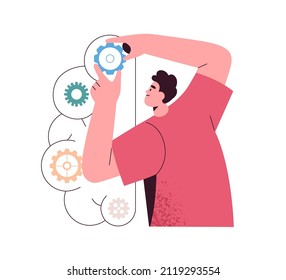 Person fixing gears, changing settings of complex business system. Analysis, logic thinking concept. Analyst with cogwheels, configuration setup. Flat vector illustration isolated on white background