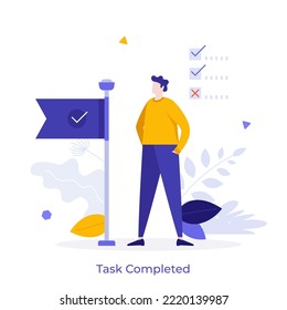 Person, flag with check mark and checklist. Concept of completed task, achieved goal, accomplishment, time planning and management, work organization. Modern flat vector illustration for banner.