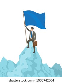 Person with flag on mountain, mountain and businessman with briefcase, success and achievements vector illustration, isolated on white background