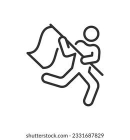 The person with the flag is running, linear icon. Line with editable stroke