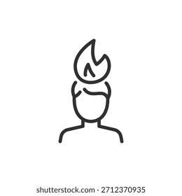 Person with flame on head, linear icon. Acute stress and emotional burnout. Line with editable stroke.