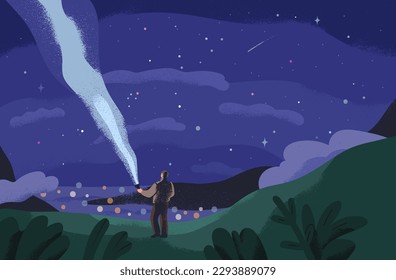 Person with flashlight in night nature landscape. Man alone in travel, adventure, highlighting sky in stars. Peaceful scenery. Solitude, exploring, inspiration concept. Flat vector illustration