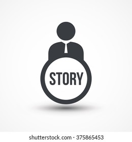 Person flat icon presenting word story isolated 