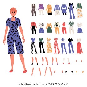 Person in flachem Stil. Erstellungsoptionen und Zeichenzusammensetzung. Set Kleidung. Unterschiedliche Gefühle und Gesten. Hintergrund. Einzeln. Posen. Röcke und kurze Hosen. Kleid und Hose. Frau. Lächle. 