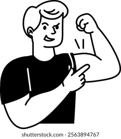 Person flexing biceps and smiling in cartoon style. Vector Illustration.
