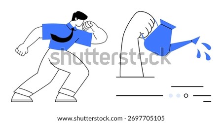 Person flexing muscle while watering arm from watering can, growth lines, splashing water, determined expression. Ideal for motivation, fitness, self-improvement, personal growth, determination
