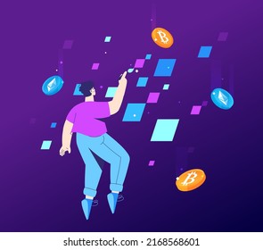 A person floating in the metaverse and draws nft. Virtual reality.  Creating and selling a non-fungible token. Pixel art and cryptocurrency coins. Vector illustration