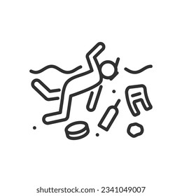 A person floats in the water with trash, linear icon, Pollution. Line with editable stroke
