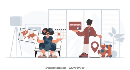 The person and the flooding lady are going on a trip. The concept of rest and travel. Trendy style, Vector Illustration