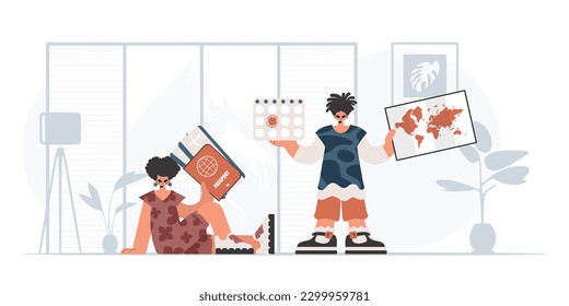 The person and the flooding lady are going on a trip. The concept of rest and travel. Trendy style, Vector Illustration