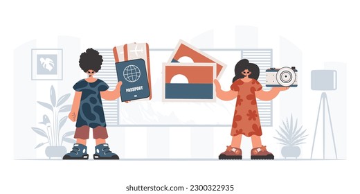 The person and the flooding lady are going on a trip. The concept of rest and travel. Trendy style, Vector Illustration